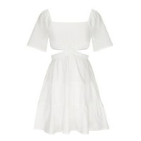 Finelylove Абитуриентски рокли Летни рокли V-образни вещи солиден къс ръкав мини бяло