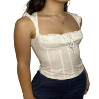 Mialoley Women Summer Tank Tops, дантелени шевове с квадратни ширини за без ръкави, улични дрехи за момичета, S M L