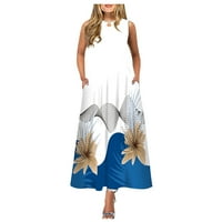 Дамски летни реколта ежедневни рокли за печат рокля с свободни без ръкави кръгла шия макси джобни рокли светло синьо 2xl