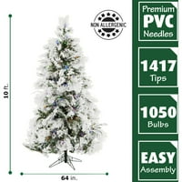 Fraser Hill Farm Мултицветни Prelit LED светлини, Flocked Pine Artificial Christmas Tree, 10 '