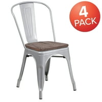 Флаш мебели сребърен метал стифиране стол с дървена седалка