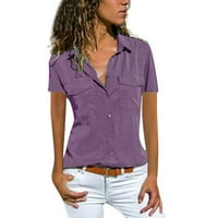 Жени блуза ежедневни плътни цветове с къс ръкав запушване на якички джобове ризи риза върхове жена бизнес облечени дрехи