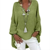 Дамски върхове дълги ръкави твърди блуза ежедневни жени ризи V-образни летни зелени 2xl