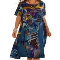 Noilla жени Макси рокли с къс ръкав лятен плаж Sundress Abstract Print Long Dress Ladies Kaftan Crew Neck Blue 2xl