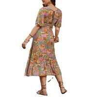 Женски бохо по целия печат v Врат Линия с многоцветни рокли с къс ръкав l