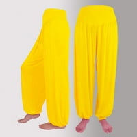 YIVETOT Дамски ленени панталони с широк крак жълт клирънс мода за жени еластични отпуснати спокойни памучни памучни панталони за спорт