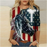 Женски ръкави Небрежни тениска лятна кръгла врата на САЩ тениска с флаг от средна дължина блуза патриотични върхове S, M, L, XL, XXL