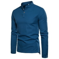 Мъжки рокли ризи Мъжки случайни модни солидни цветни бельо стойка с яка дълъг ръкав тънък приготен тениска синя