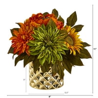 Почти естествен 11 божур, Далия и слънчоглед изкуствено цвете аранжировка в злато ваза, Многоцветен