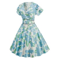 Aayomet плюс размер макси рокля за жени от жените печат с къс ръкав v шия 1950 -те ретро винтидж парти суинг рокли, сини l