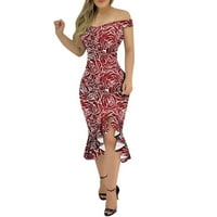 Просвета летни рокли за жени извън рамото средна дължина Небрежна обвивка флорална рокля с къс ръкав червен L