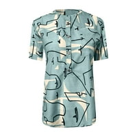 Док дамски върхове облечени ежедневни летни жени върхове ежедневни къси ръкави блузи бутон нагоре v отпечатани тениски на шията небрежни разхлабени леки ризи на Хенли