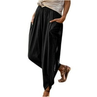 Панталони за жени еластични памучни панталони с висока талия винтидж солидна лятна ежедневна торбичка с широки панталони с джобове