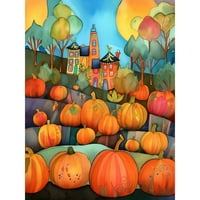 Farm House Halloween Pumpkin Patch Modern Folk Art Watercolor картина Екстра голям XL Wall Art Poster Print