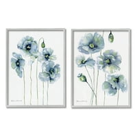 Ступел сини макове цъфтят градински цветя ботанически и флорални Живопис сива рамка изкуство печат стена изкуство, набор от 2