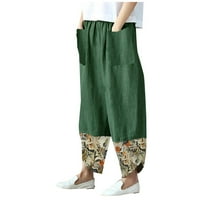 Панталони за жени Дамски ежедневни памук и Лен печат Пачуърк нередовен хлабав Широк крак панталони армия зелен л