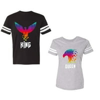 King Queen Eagle Цветна двойка, съвпадаща тениска в стил памучна фланелка, контрастиращи ивици на ръкави