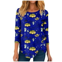 Клирънс дамски блузи за Хелоуин, ризи с дълъг ръкав за жени Хелоуин тийнейджъри блузи ежедневни нередовни върхове на бутона пуловер синьо, s