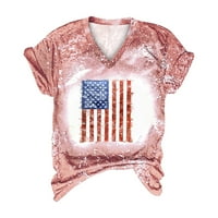 Женски 4 юли Печат върхове Небрежно летен градиент цвят блуза V Врат тениска ризи блуза свободно прилепване тройник розово