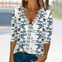 Сладки върхове за жени флорални отпечатани дантелени тениски с ръкави блуза с V-образни ножици, синьо, xxl