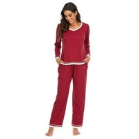 Есента зима женски пижами контрастен цвят памук с дълъг ръкав с деколте с декол