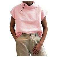 Корсет върхове за жени с твърд цвят на жените с малък ръкав Небрежен отворен бутон Пуловер Небрежен хлабав памучна риза Винтидж тийнейджъри за жени, розово, XL