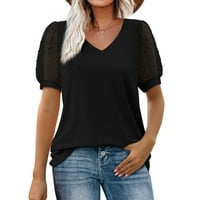 Плюс размер тениски за жени пухкави ръкави ризи бутер ръкав свободен годен моден моден къс ръкав удобни тениски туника черно l