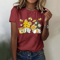 Женски ризи Женски моден ежедневен фестивал на пчелни пчелни отпечатани кръгли шия с къс ръкав топ блуза вино s