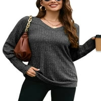 Haite Women Knit върхове v врата джъмпер отгоре тениска с дълъг ръкав Небрежен хлабав плетен пуловер Плътна цветна тройка черен xl