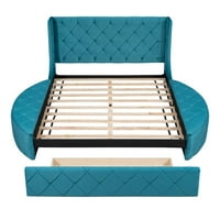 Модерно легло с тапицирана платформа, легло за съхранение на Queen Size Velvet с табло за крило, странични табуретки за съхранение, голямо чекмедже, синьо