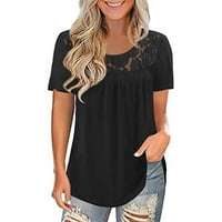 drpgunly ризи за жени модна дантела солидна сплайсиране o-neck с къс ръкав тениска блуза върхове черни 4xl