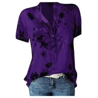 Тениски с къс ръкав за женски бутон надолу разхлабена туника флорална щампа при врата vec casual blouses purple s