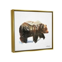 Ступел индустрии кафява мечка силует Снежна планина гора пейзаж графично изкуство металик злато плаваща рамка платно печат стена изкуство, дизайн от Антъни Смит