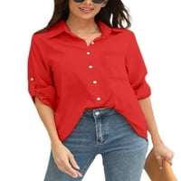 Дамски върхове на бомтоуни на ризи с дълъг ръкав блуза разхлабена туника риза работи червено xxl
