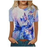 Lovskoo летни върхове за жени модерни блузи флорални отпечатани ризи с късо ръкав кръг кръгла тениска от блуза синя синя