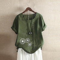 Дамски блузи женски памучно бельо кръгло шия с къс ръкав с върхове на бутони отпечатана тениска армия зелено m