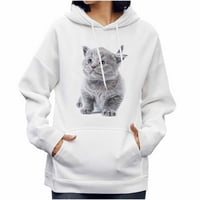 Wangxldd модна дамска зимна кръгла шия разхлабена пуловер топ котка печат руно качулка