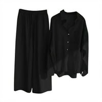 Салон за жени Два тоалета облечени панталони комплект от две части, блокиращ цветно еднократно дълги ръкави риза за ревери, разхлабени модни ежедневни костюми 32-черни l