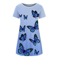 Женски мини рокля рокля с къс ръкав дрехи кръгла врата пеперуда флорални отпечатани върхове елегантни ежедневни удобни летни рокли за женски сини l продажби