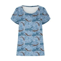 Дамски летни тениски модна отпечатана кръгла врата венчелистче с къс ръкав небрежни свободни удобни блузи на клирънс