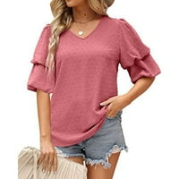 Дамски бутер ръкав блузи квадратна шия лято швейцарски тениски на тениски за ежедневни върхове розови xl