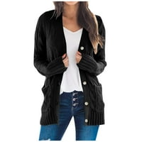 Guvpev дамски твърд цвят жилетка джобове с дълъг ръкав отворен предни плетачи палто - черен xxxl