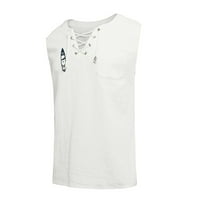 Ханас мъжки ежедневни робилни памучни бельо от печатна риза блуза без ръкави на плажни ризи върхове бяло L