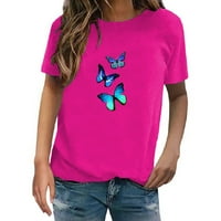 LROPLIE Дамска тениска плюс размер кръгло деколте с къс ръкав излизане на върхове за жени модна тенденция пеперуда печат кръгла врата t топ блуза розово xl
