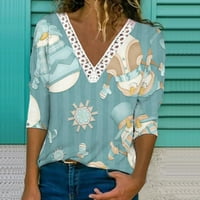 Графични тениски с дълъг ръкав за жени флорални жени облечени блузи с v-образно облекло ежедневни дантелени върхове за жени излизат навън