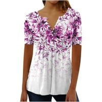 Дамски върхове Хенли ежедневна блуза отпечатани жени летни ризи с къс ръкав лилаво s