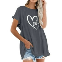Дамски летни върхове мода Женска любов печат пискюл небрежен хлабав тениска с къси ръкави дами горни сиви 2xl
