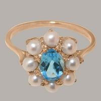 Британски направени 10K Rose Gold Natural Blue Topaz & Cultured Pearl Womens Ring - Опции за размер - размер 7
