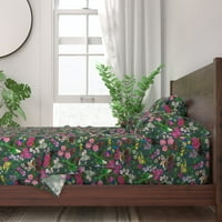 памучни чаршафи, пълен комплект-птици цъфти Синьо сиво градина зелен печат по поръчка легла от лъжица цвете
