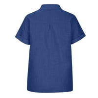 Дамски модни ризи Плътен цвят печат върхове удобен бутон надолу Блузи Бюст Джобни дрехи за момичета с къс ръкав тениски Ревера яка синя ххл
